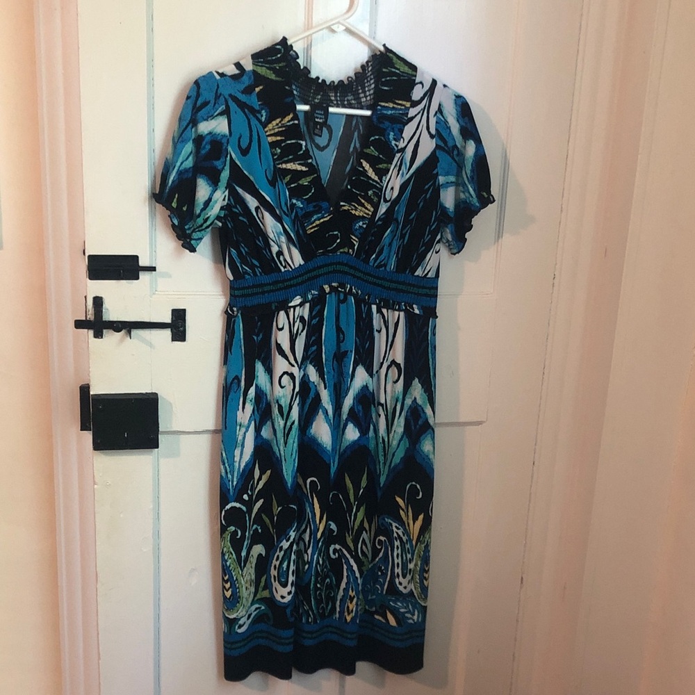 Blue Patterned V-Neck Short Sleeve Dress
